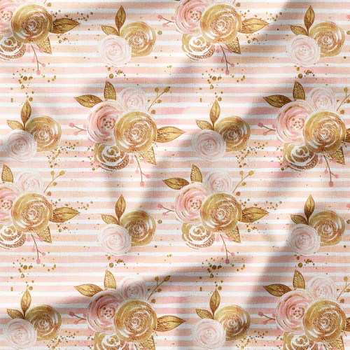 Single Jersey z elastanem Złote róże na różowych pasach – dzianina drukowana na metry
