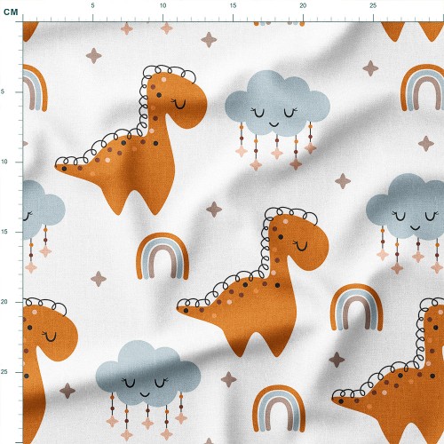 Single Jersey z elastanem Uśmiechnięte dinozaury z chmurkami i tęczami boho – dzianina drukowana na metry