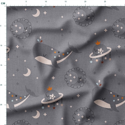 Single Jersey z elastanem Śpiące wieloryby wśród księżyców i planet – dzianina drukowana na metry