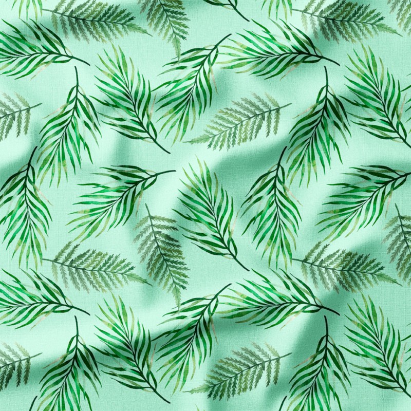 Palmowe i paprociowe liście na miętowym tle – single jersey z nadrukiem