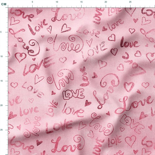 Single Jersey z elastanem Napisy Love i serduszka na różu – dzianina drukowana na metry
