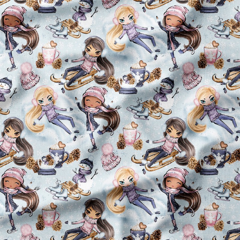 Dziewczynki na łyżwach i sankach w zimowej scenerii – single jersey z nadrukiem