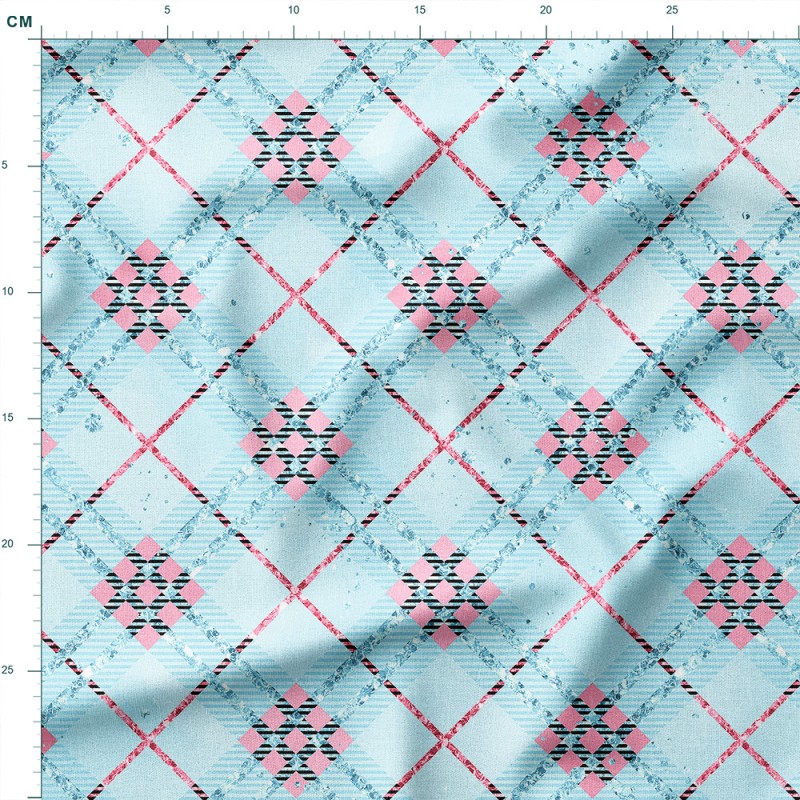Single Jersey z elastanem Błękitna krata argyle z różowymi rombami – dzianina drukowana na metry