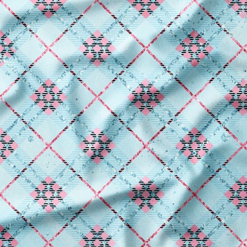 Single Jersey z elastanem Błękitna krata argyle z różowymi rombami – dzianina drukowana na metry