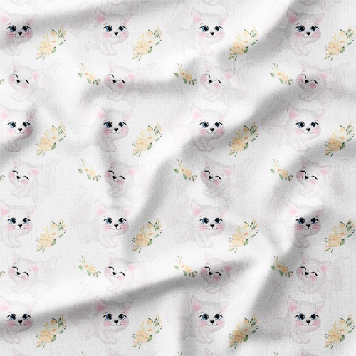 Single Jersey z elastanem Białe kotki z kwiatami na białym tle – dzianina drukowana na metry