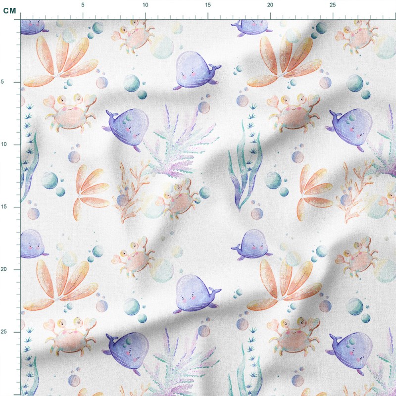 Single Jersey z elastanem Wieloryby i kraby wśród bąbelków – dzianina drukowana na metry