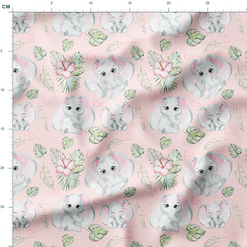 Single Jersey z elastanem Małe słoniki wśród liści i hibiskusów – dzianina drukowana na metry