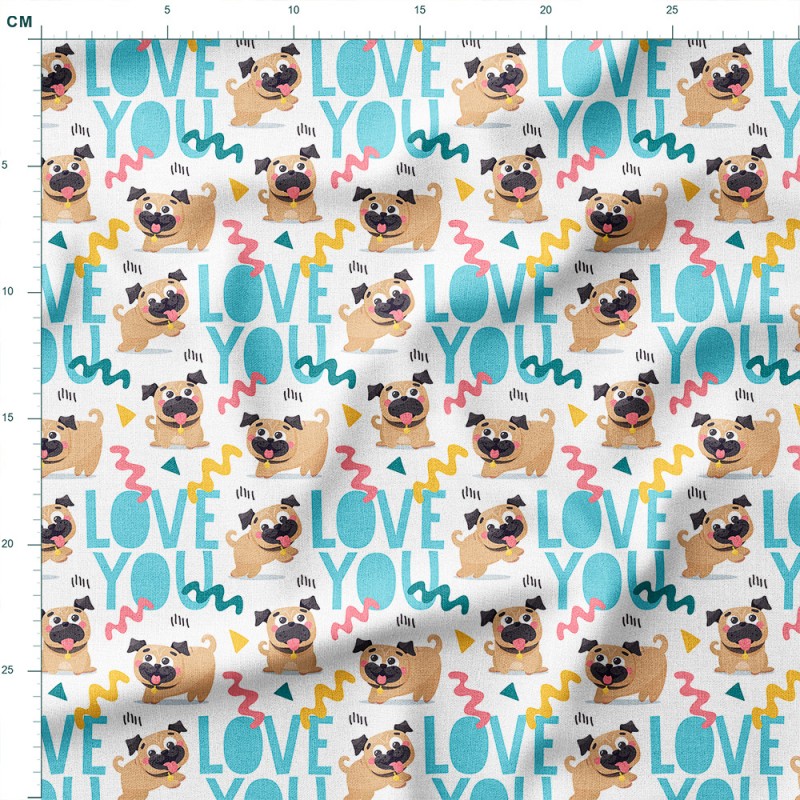 Single Jersey z elastanem Uśmiechnięte mopsy z napisami Love You – dzianina drukowana na metry