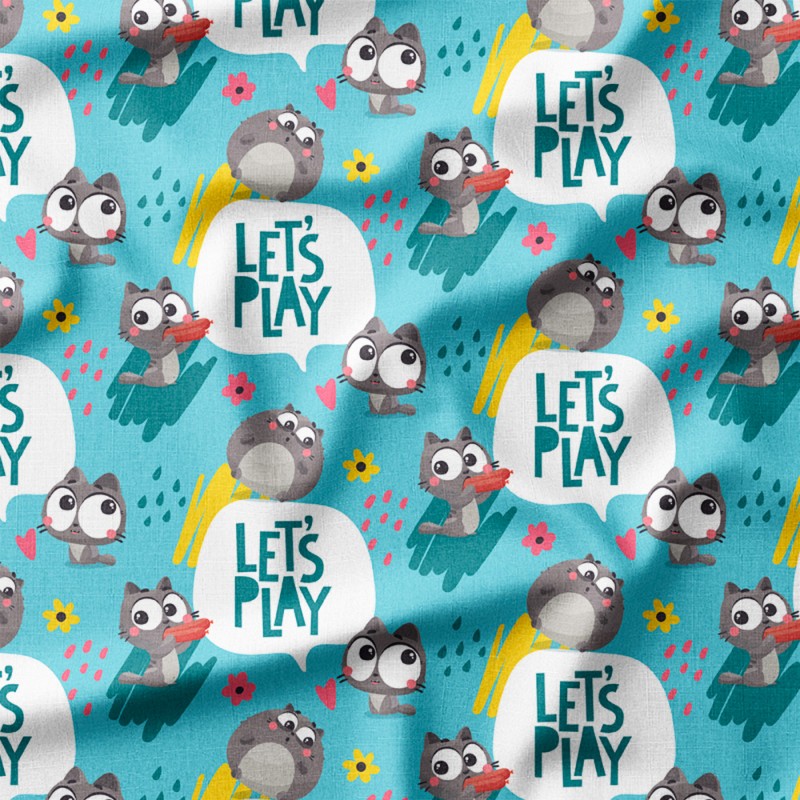 Kotki z kiełbaskami i napisem Let's Play – single jersey z nadrukiem