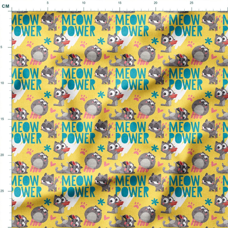 Single Jersey z elastanem Zabawne kotki z kiełbaskami i napisem Meow Power – dzianina drukowana na metry