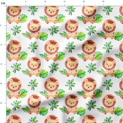 Single Jersey z elastanem Uśmiechnięte lwiątka wśród liści palmowych – dzianina drukowana na metry