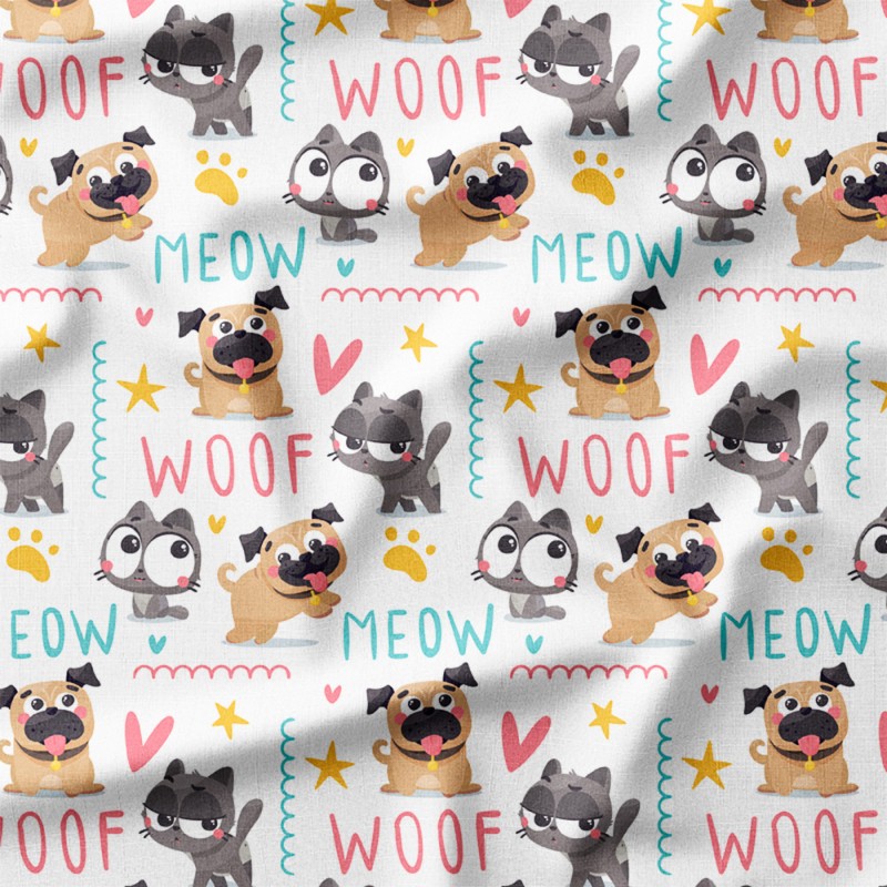 Kotki i mopsy z napisami Woof i Meow – single jersey z nadrukiem