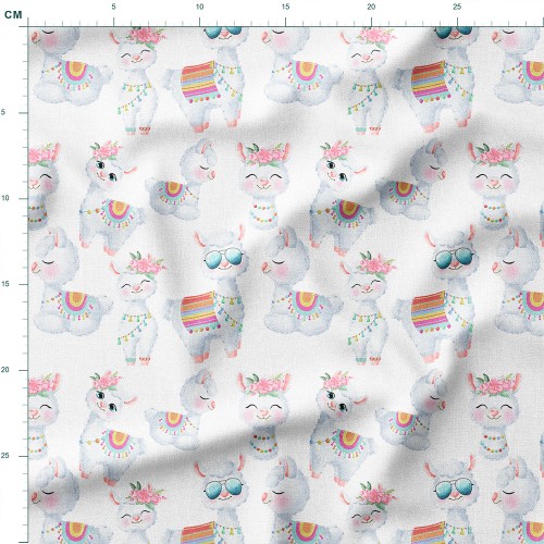 Single Jersey z elastanem Uśmiechnięte alpaki w kwiatach i kolorowych pomponach – dzianina drukowana na metry