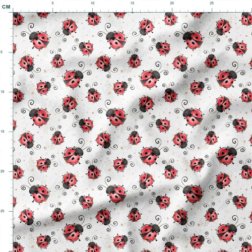 Single Jersey z elastanem Biedronki z zawijasami na białym tle w gwiazdki – dzianina drukowana na metry