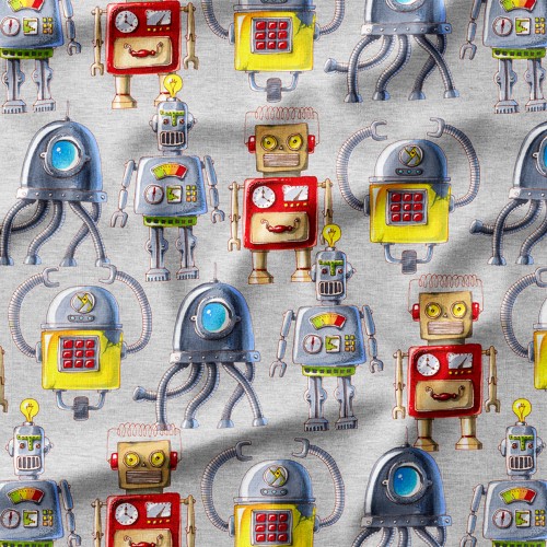 Single Jersey z elastanem Roboty z panelami na szarym melanżu – dzianina drukowana na metry