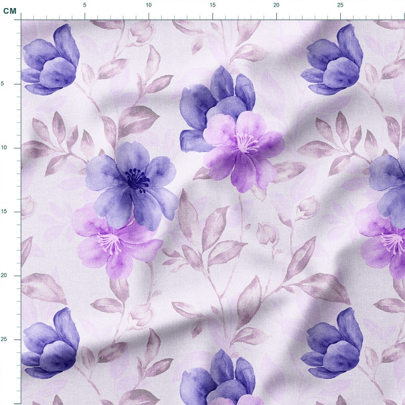 Single Jersey z elastanem Fioletowe kwiaty akwarela na jasnym tle – dzianina drukowana na metry