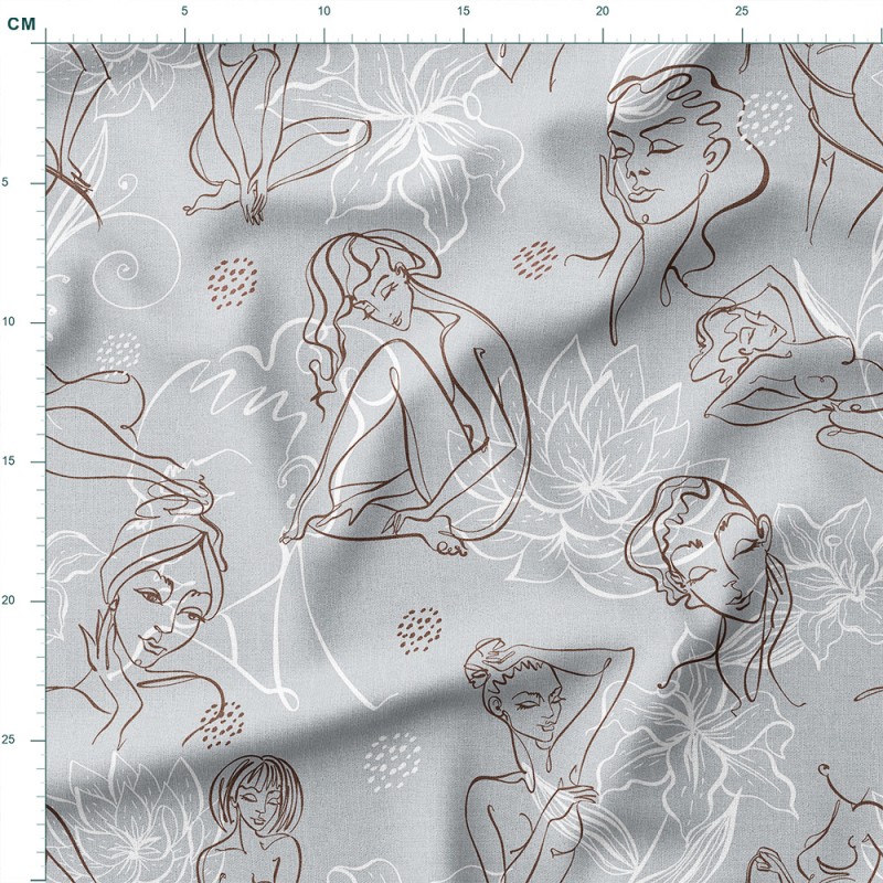 Single Jersey z elastanem Kobiece sylwetki i lilie w stylu line art – dzianina drukowana na metry