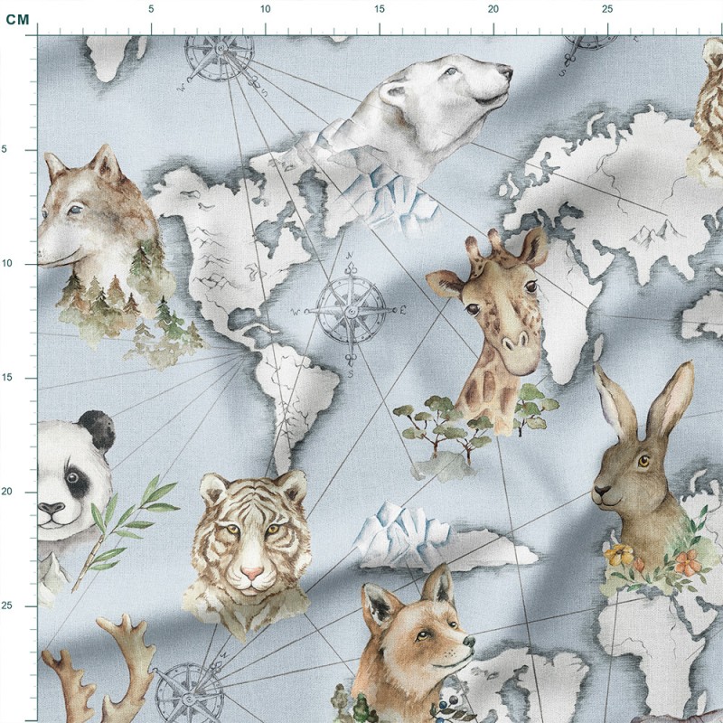 Single Jersey z elastanem Zwierzęta świata na mapie – dzianina drukowana na metry