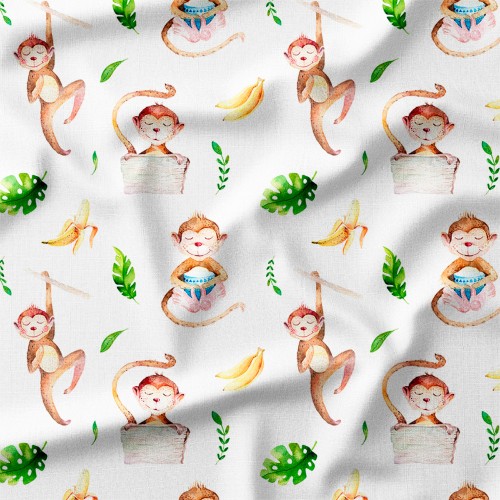 Single Jersey z elastanem Uśmiechnięte małpki z bananami wśród liści monstery – dzianina drukowana na metry