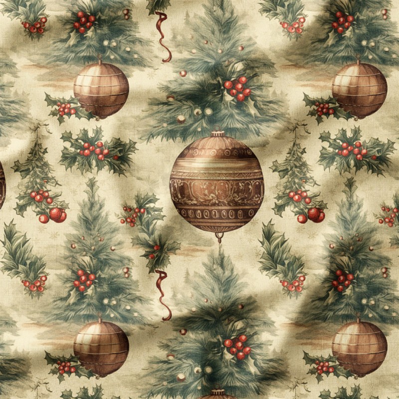 Bombki vintage z ostrokrzewem na kremowym tle – single jersey z nadrukiem