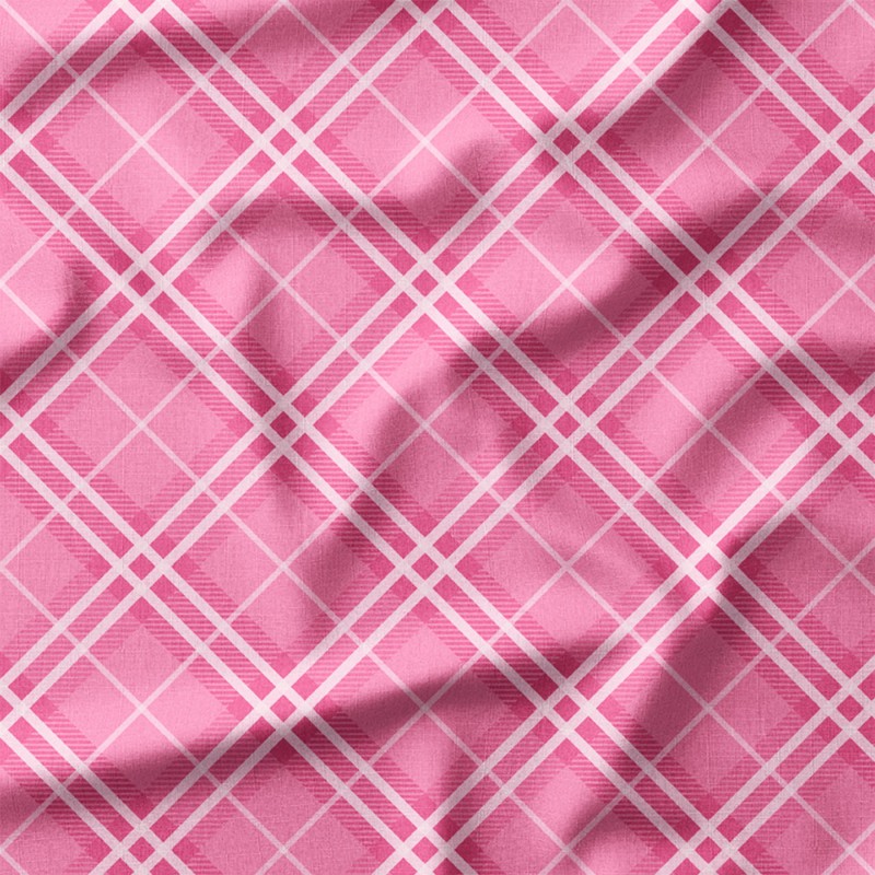 Różowa krata po skosie – drelich bawełniany z nadrukiem