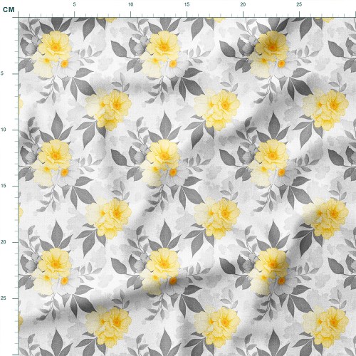 Drelich bawełniany Żółte róże z szarymi liśćmi – tkanina drukowana na metry