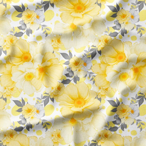 Drelich bawełniany Żółte piwonie z szarymi listkami na białym tle – tkanina drukowana na metry