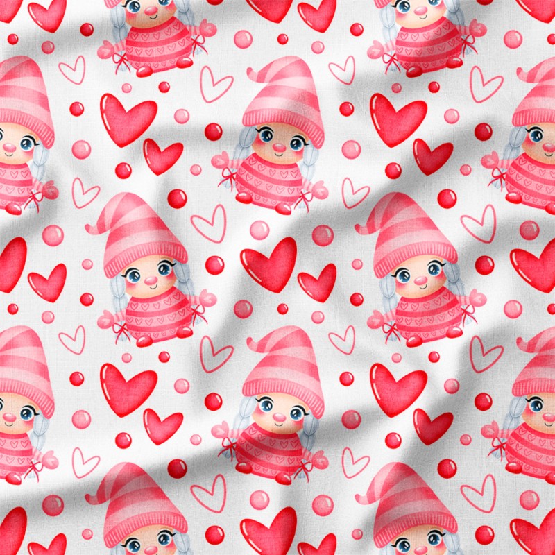 Skrzatki w różowych czapkach wśród serduszek – drelich bawełniany z nadrukiem