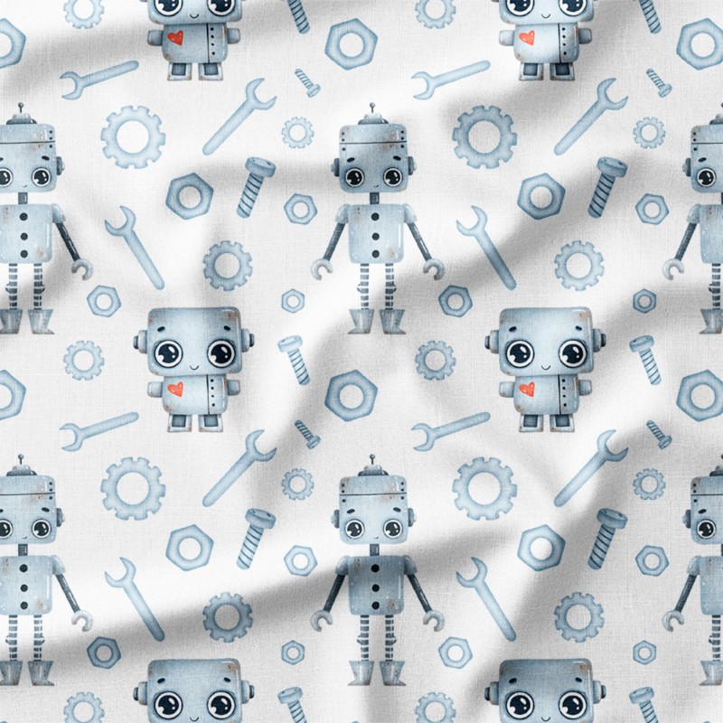 Roboty z serduszkami wśród śrub i kluczy – drelich bawełniany z nadrukiem