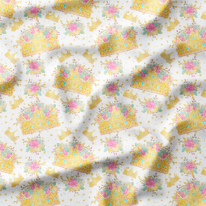 Złote korony z różami na białym tle – drelich bawełniany z nadrukiem