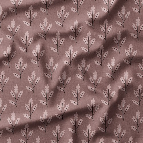Drelich bawełniany Listki dębu na gałązkach na mauve tle – tkanina drukowana na metry