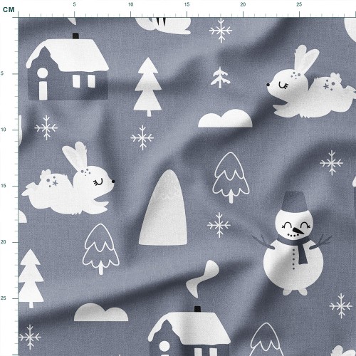 Drelich bawełniany Bałwanki i króliczki w zimowej wiosce – tkanina drukowana na metry