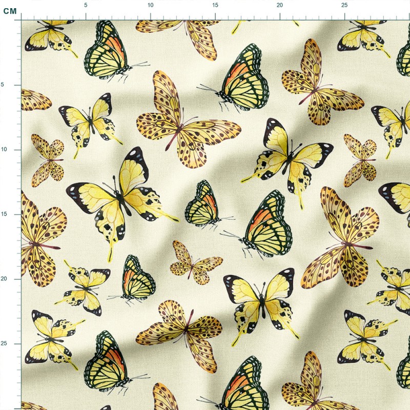 Drelich bawełniany Żółte motyle akwarela na ecru tle – tkanina drukowana na metry