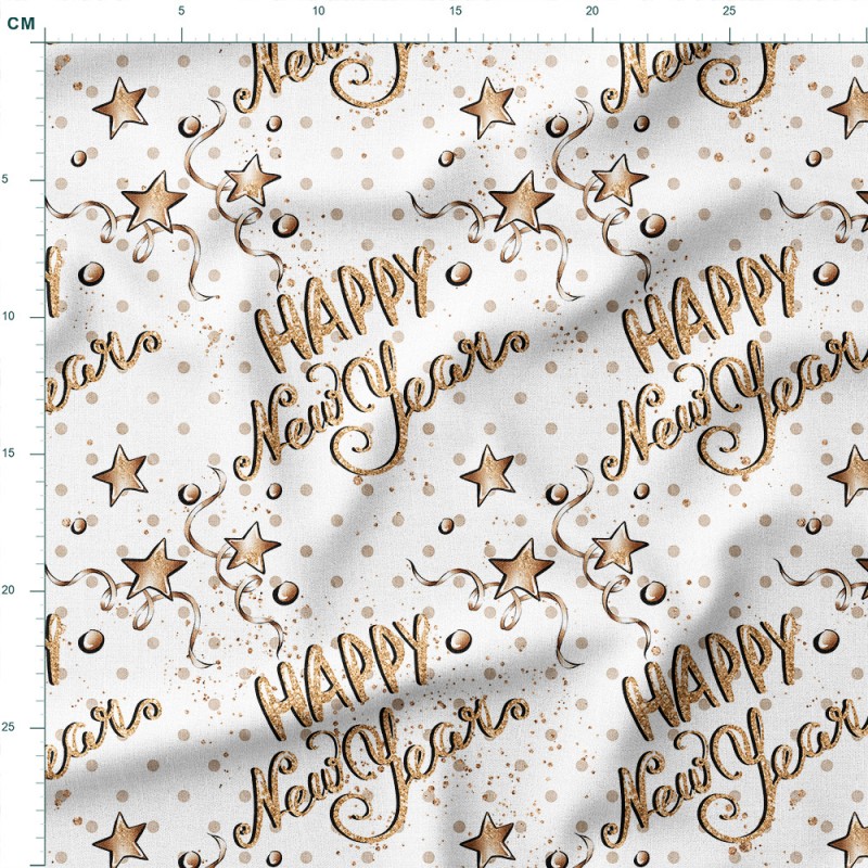 Drelich bawełniany Złote napisy Happy New Year z gwiazdkami i serpentyną – tkanina drukowana na metry
