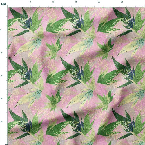 Drelich bawełniany Tropikalne liście na różowym tle – tkanina drukowana na metry