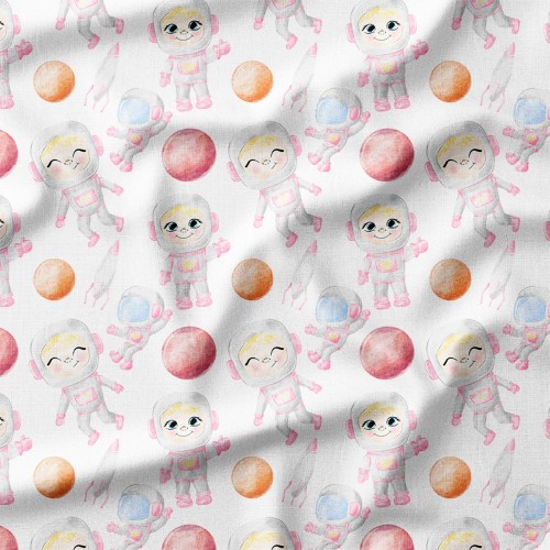 Drelich bawełniany Małe astronautki i różowe planety – tkanina drukowana na metry