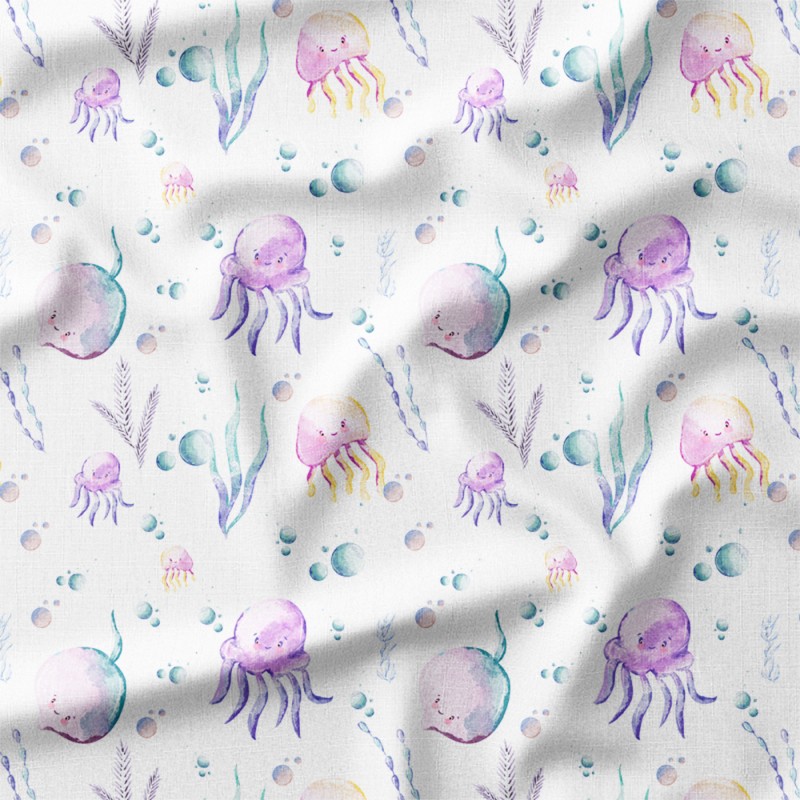 Uśmiechnięte meduzy i płaszczka akwarela – drelich bawełniany z nadrukiem