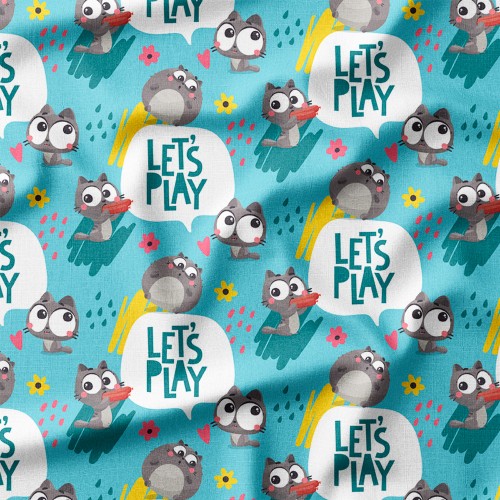 Drelich bawełniany Kotki z kiełbaskami i napisem Let's Play – tkanina drukowana na metry