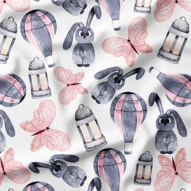 Szare króliczki z balonami i motylami – drelich bawełniany z nadrukiem