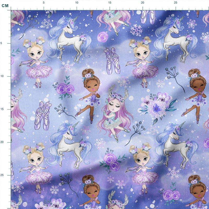 Drelich bawełniany Baletnice i jednorożce wśród śnieżynek – tkanina drukowana na metry