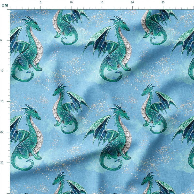 Drelich bawełniany Zielone smoki na błękitnym niebie – tkanina drukowana na metry