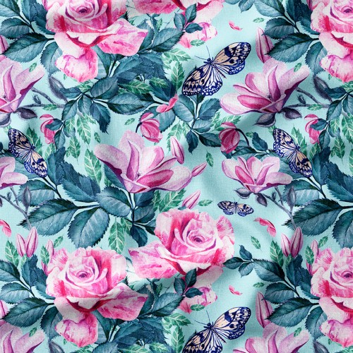 Drelich bawełniany Róże i magnolie z motylami na turkusie – tkanina drukowana na metry