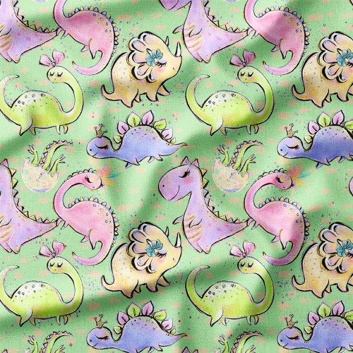 Drelich bawełniany Uśmiechnięte dinozaury na zielonym tle – tkanina drukowana na metry
