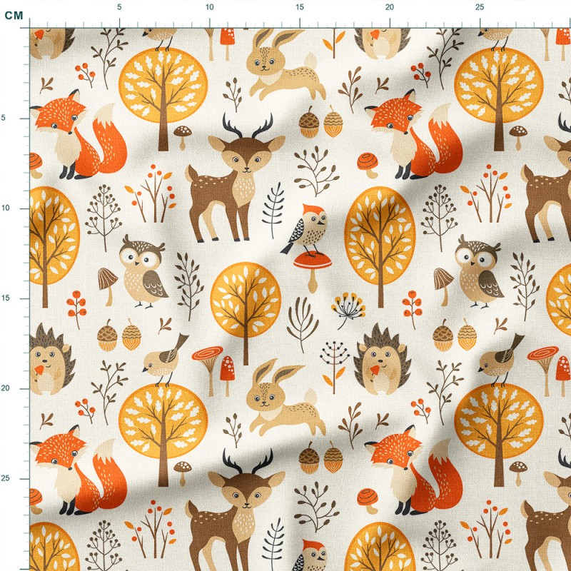 Drelich bawełniany Leśne zwierzęta między pomarańczowymi drzewami – tkanina drukowana na metry