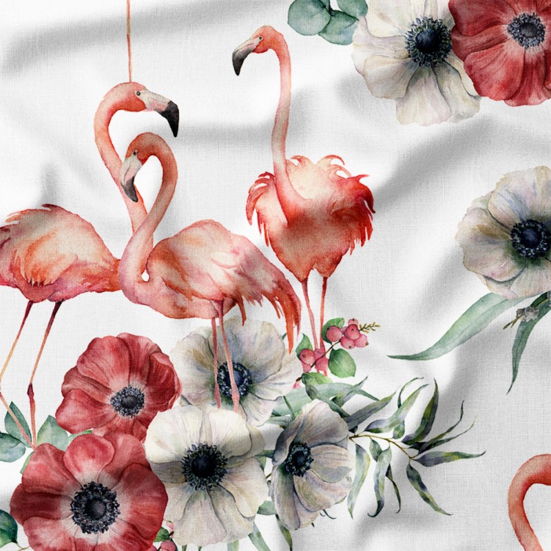 Flamingi z akwarelowymi anemonami – drelich bawełniany z nadrukiem