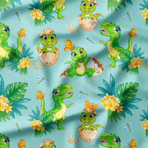 Drelich bawełniany Wesołe dinozaurki wyklute z jajek wśród liści – tkanina drukowana na metry