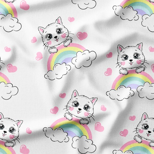Drelich bawełniany Uśmiechnięte kotki na pastelowej tęczy – tkanina drukowana na metry