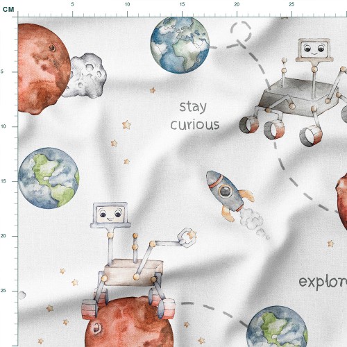 Drelich bawełniany Łaziki i rakiety wśród planet – tkanina drukowana na metry