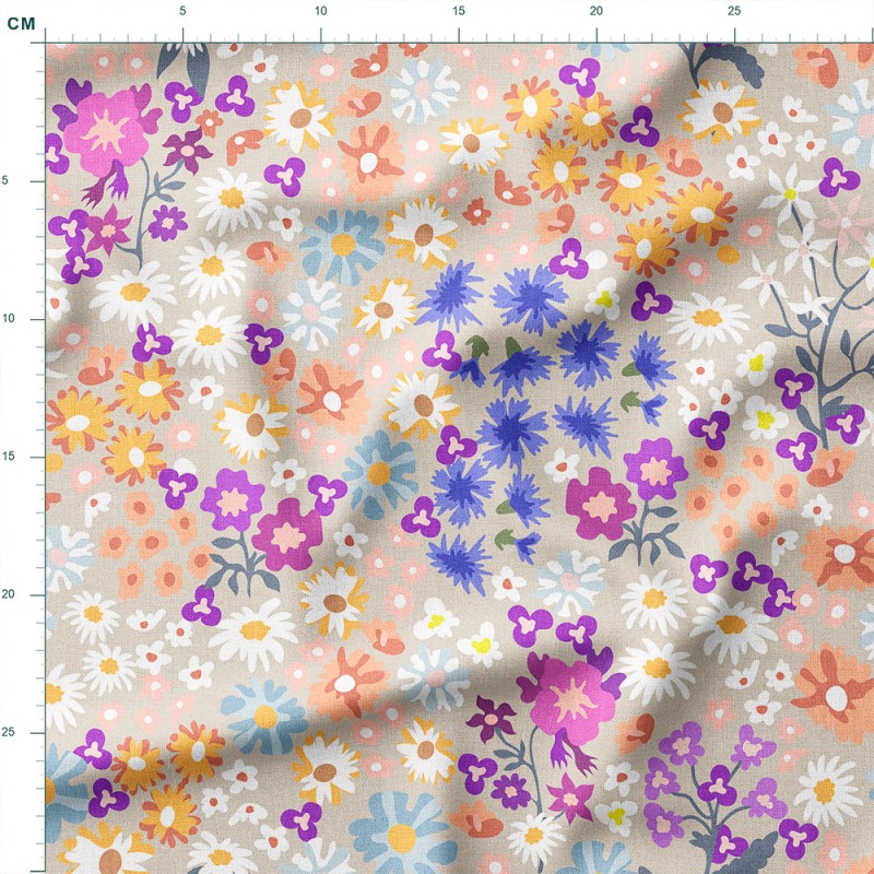 Drelich bawełniany Polne kwiaty w fiolecie i błękicie na beżu – tkanina drukowana na metry