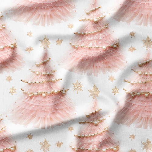 Drelich bawełniany Tiulowe choinki z perłami i złotymi gwiazdkami – tkanina drukowana na metry